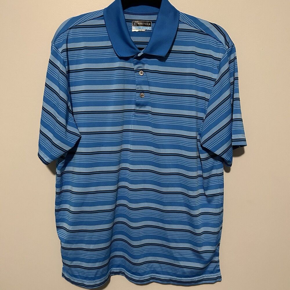 PGA Tour Mens Golf Polo Shirt Size Large Blue Striped Colllared Short Sleeve